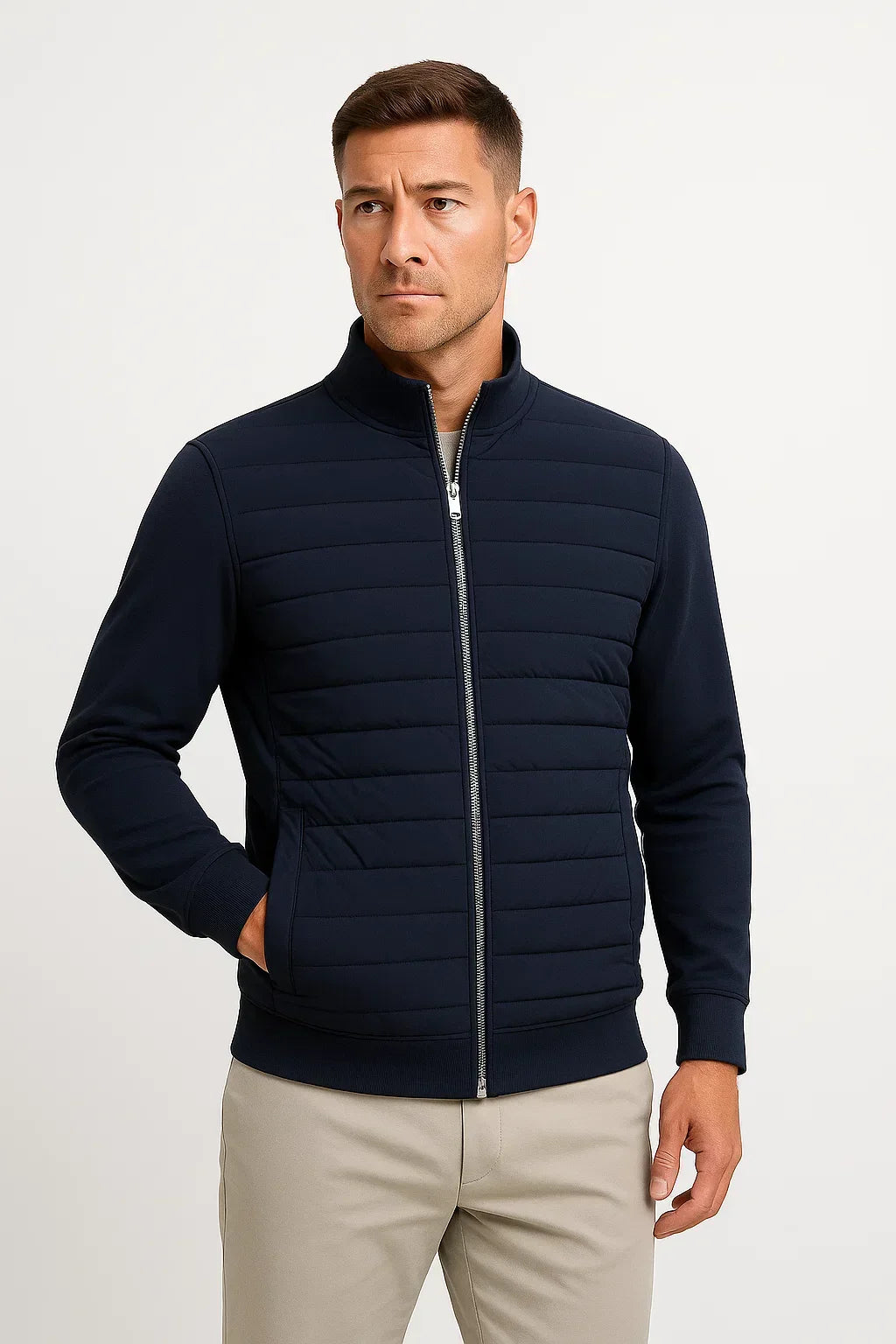Black Polyester Cotton Quilted Jacket with Knit Sleeves for Men