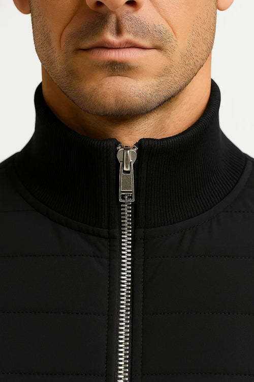 Black Polyester Cotton Quilted Jacket with Knit Sleeves for Men