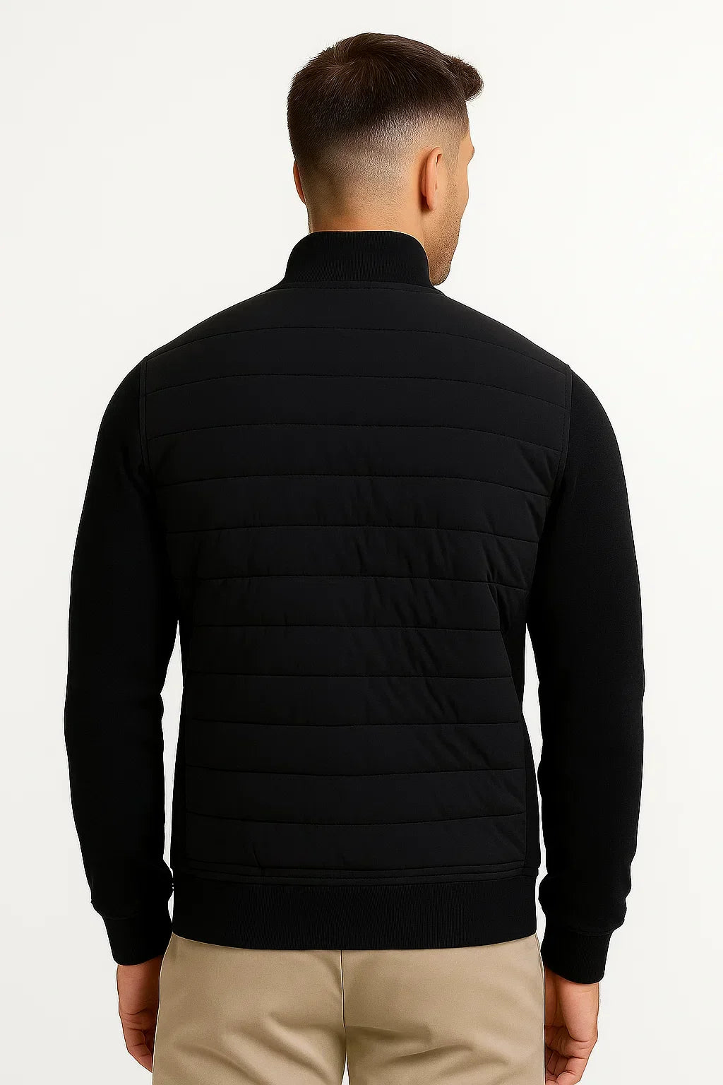 Black Polyester Cotton Quilted Jacket with Knit Sleeves for Men