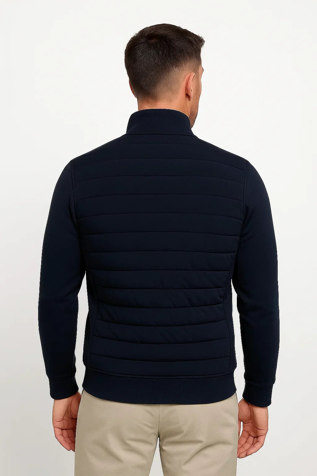 Black Polyester Cotton Quilted Jacket with Knit Sleeves for Men