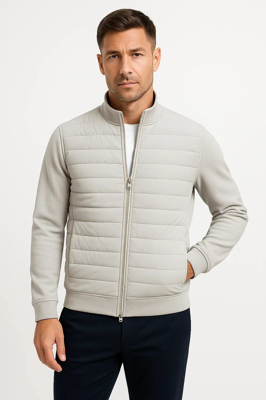Black Polyester Cotton Quilted Jacket with Knit Sleeves for Men