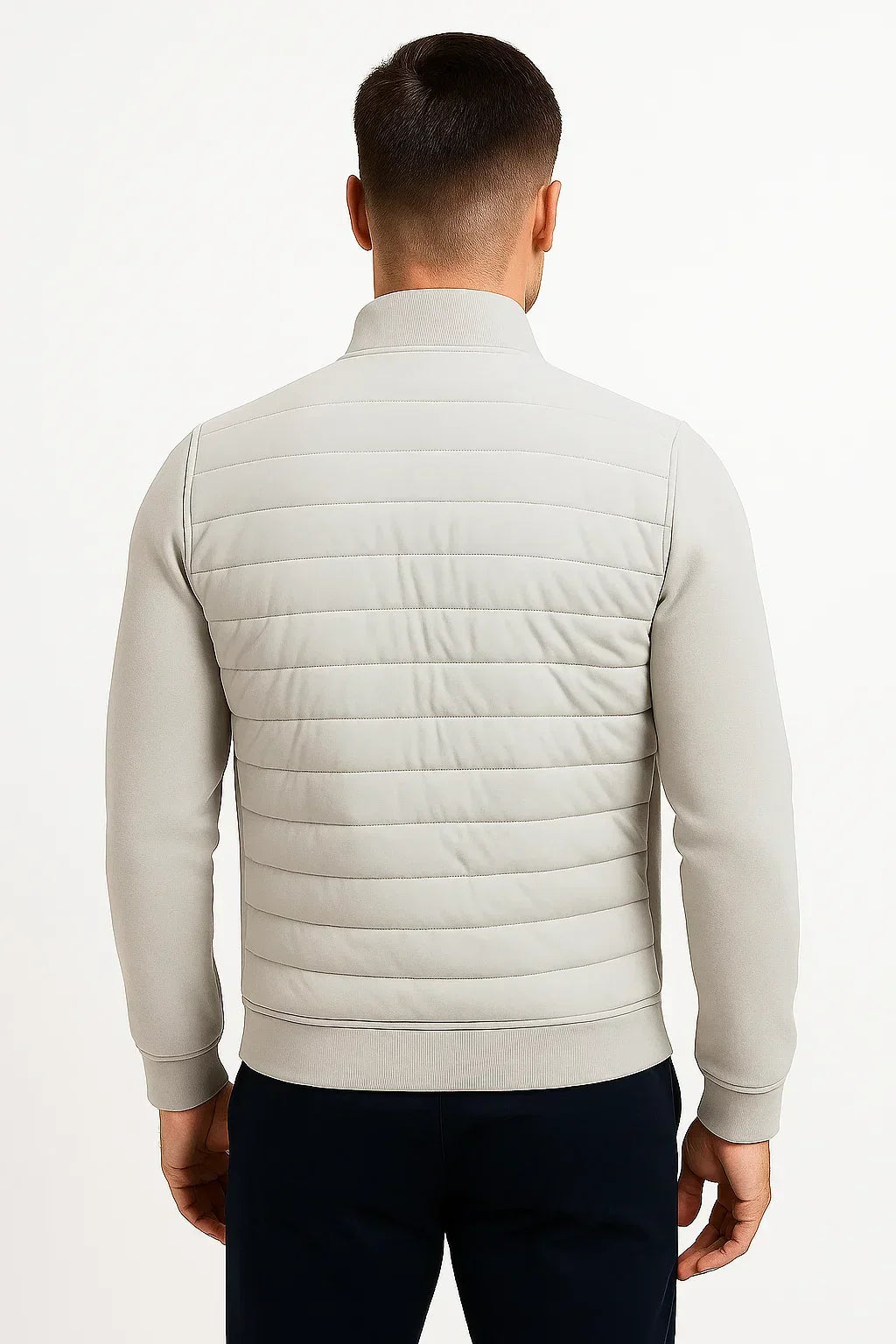 Black Polyester Cotton Quilted Jacket with Knit Sleeves for Men