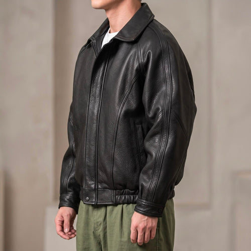 Black Structured Collar Zip Front Leather Jacket for Men | Spring Autumn