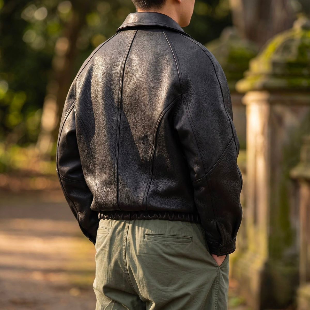 Black Structured Collar Zip Front Leather Jacket for Men | Spring Autumn