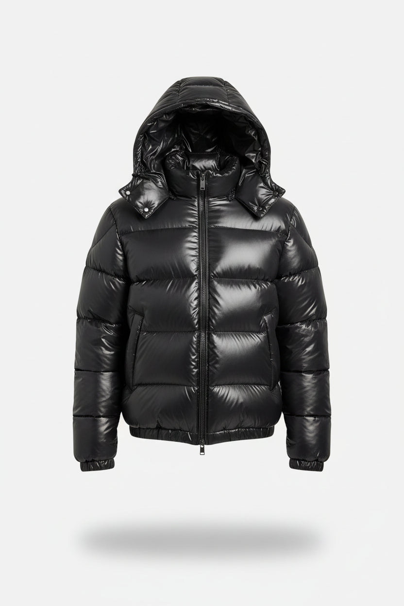 Glossy Sherpa Lined Quilted Hooded Puffer Jacket with Zip Pockets for Men