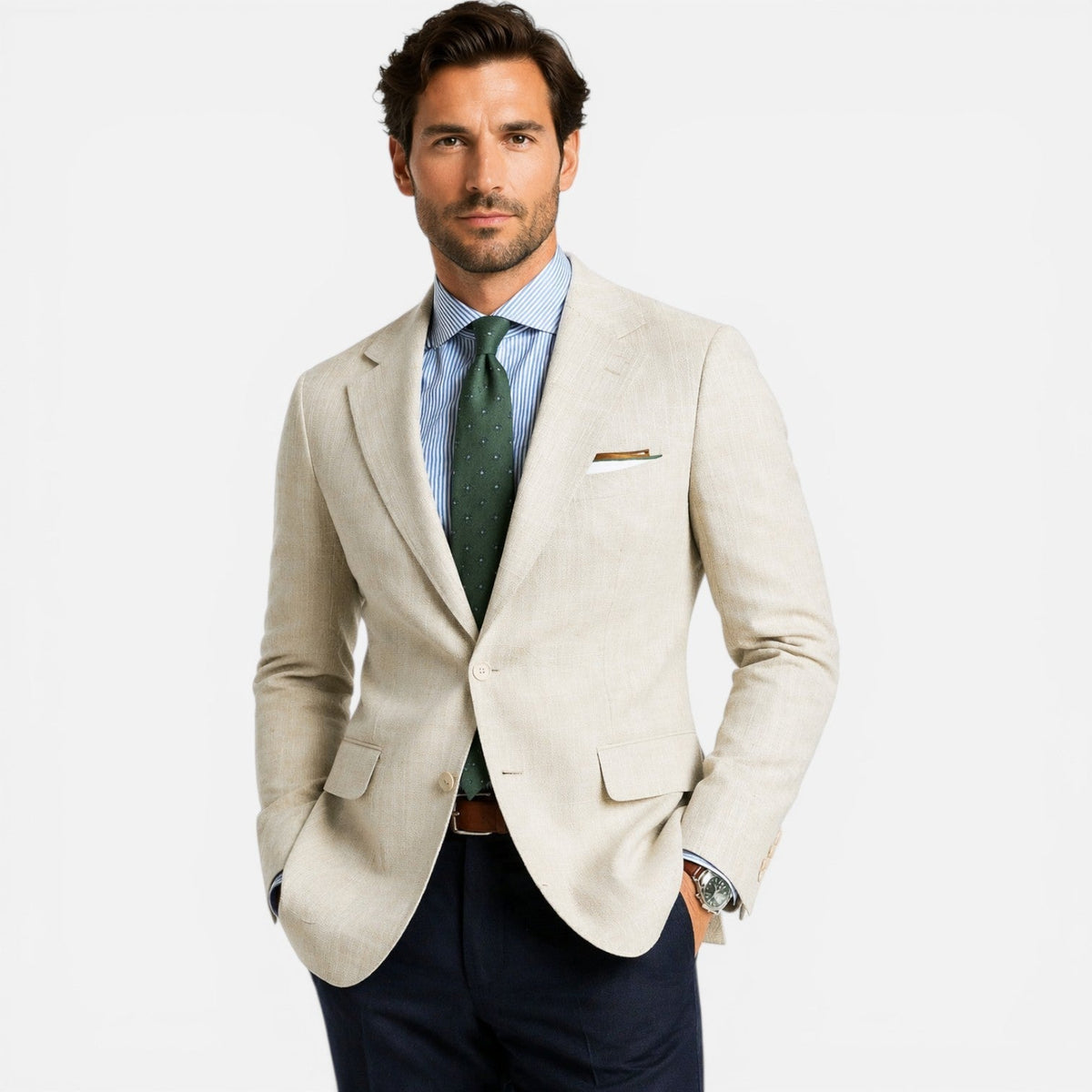 Beige Linen Slim Fit Tailored Summer Blazer for Men | Smart Casual Occasion Wear
