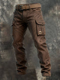 Brown Slim Fit Tapered Cargo Pants with Flap Pockets for Men | Streetwear