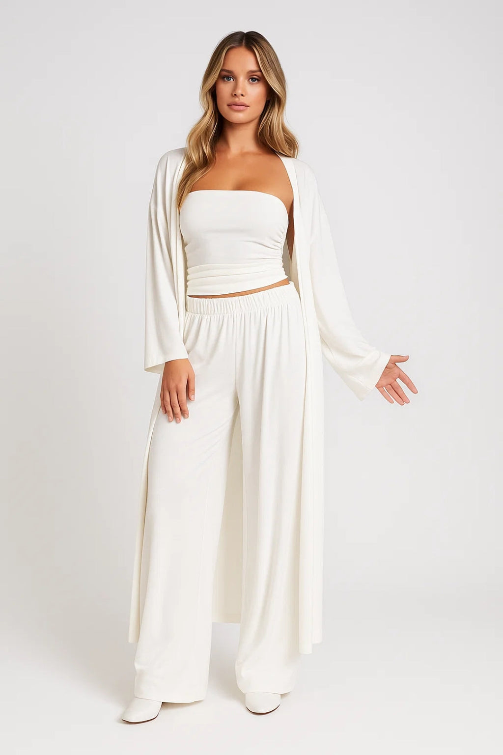 Long Open Cardigan Wide Leg Pants Strapless Top Three Piece Set for Women