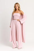 Long Open Cardigan Wide Leg Pants Strapless Top Three Piece Set for Women