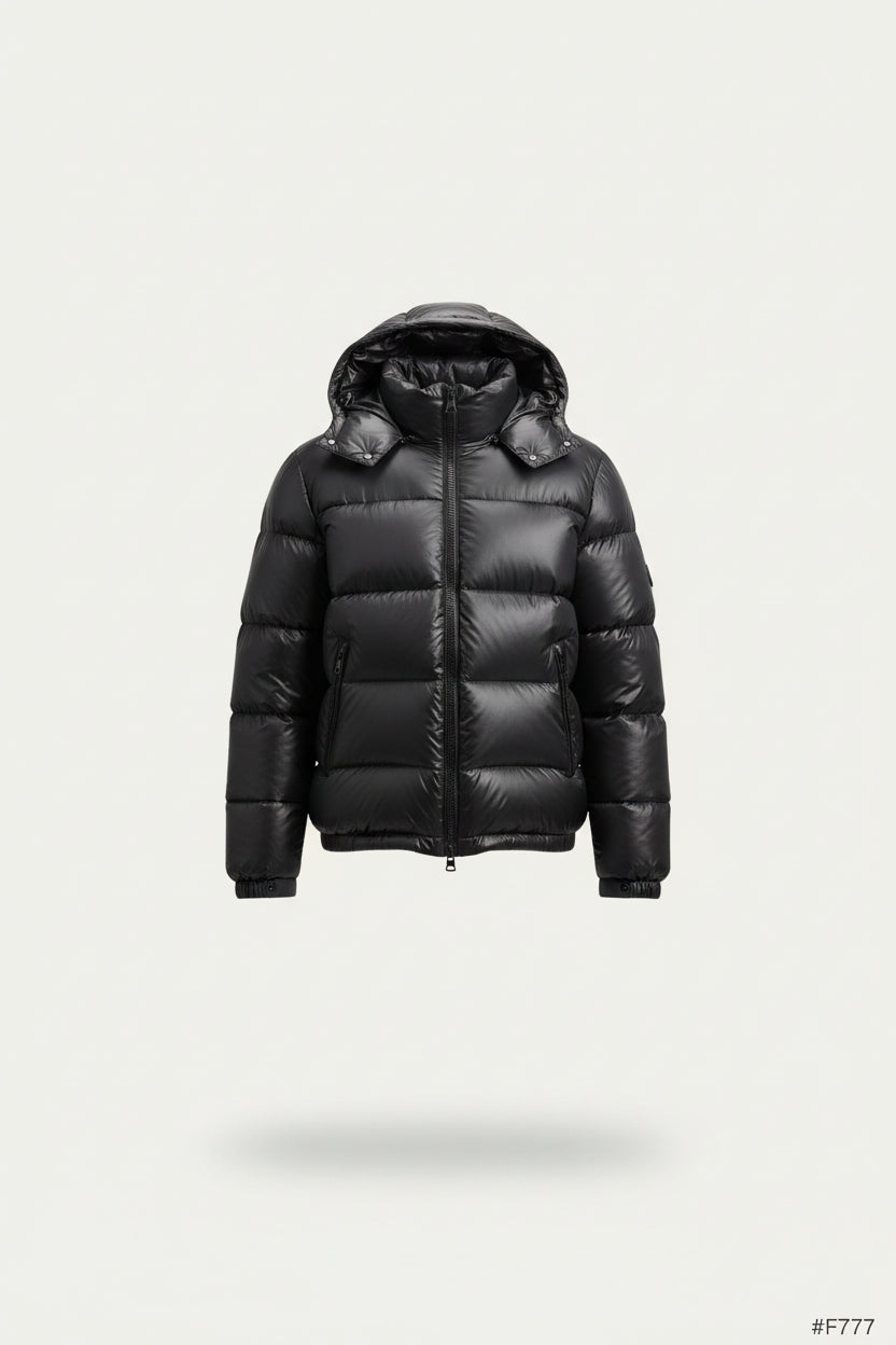 Glossy Sherpa Lined Quilted Hooded Puffer Jacket with Zip Pockets for Men