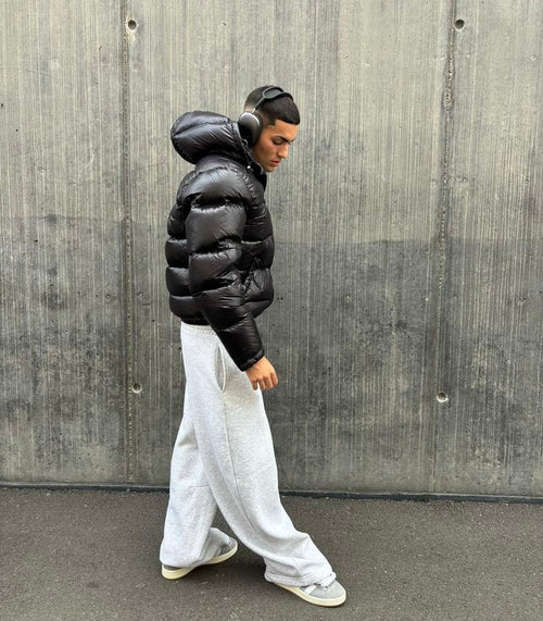 Black Quilted Winter Jacket with Hood High Collar and Zip Pockets for Men