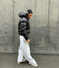 Quilted Hooded High Collar Winter Jacket with Zippered Pockets for Men