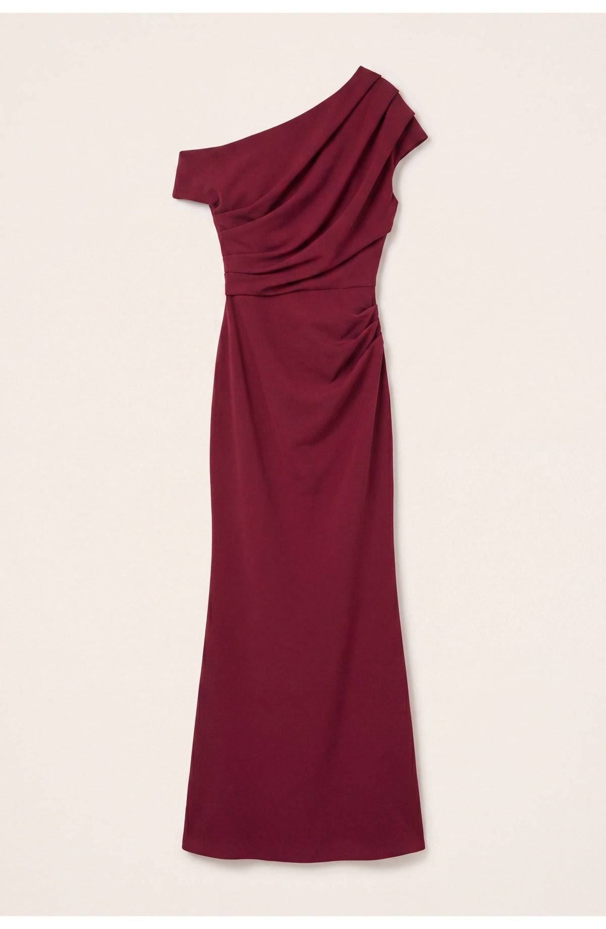 Wine Red Off-Shoulder Maxi Dress with Draped Waist for Women | Evening