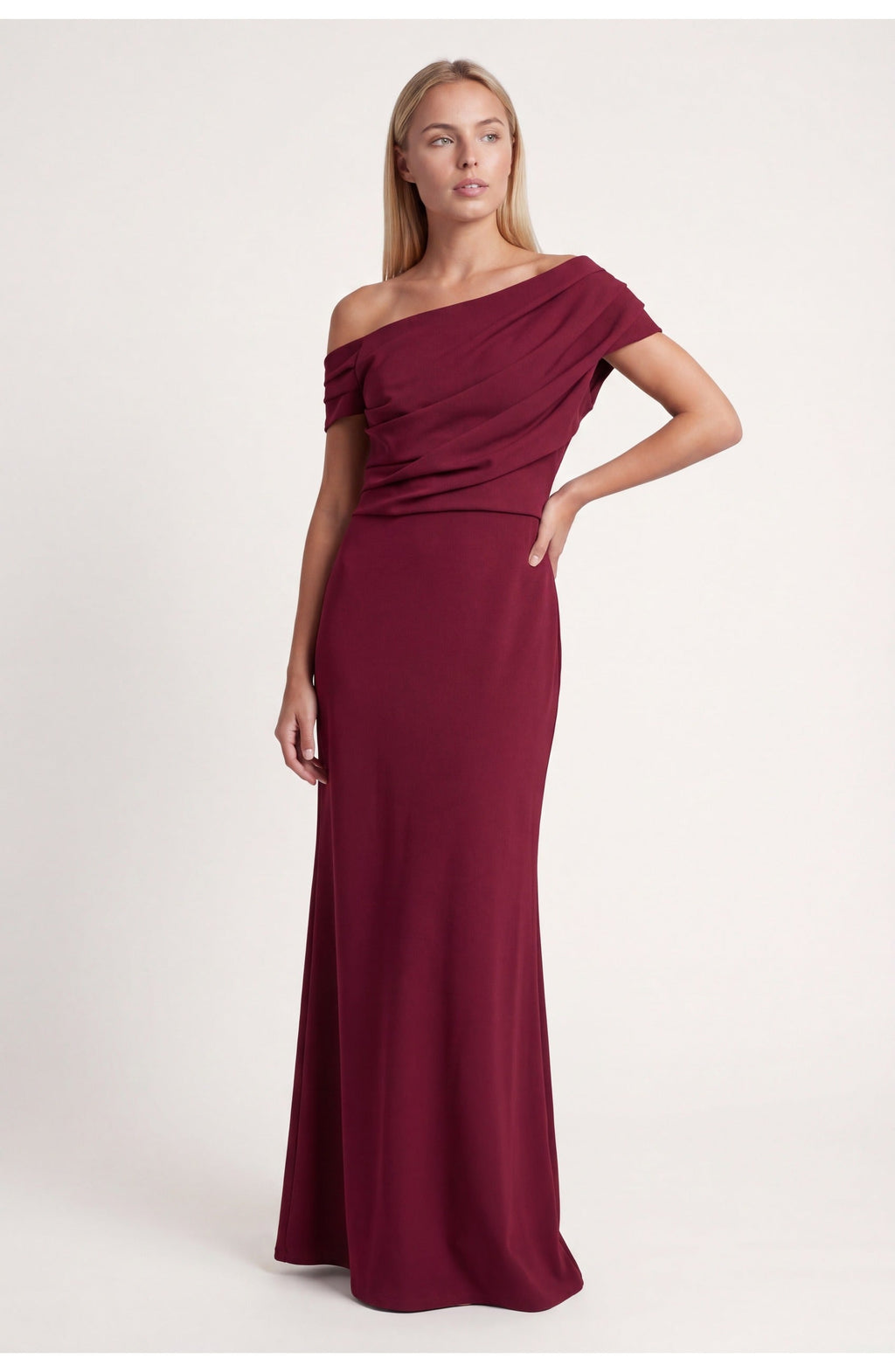 Wine Red Off-Shoulder Maxi Dress with Draped Waist for Women | Evening