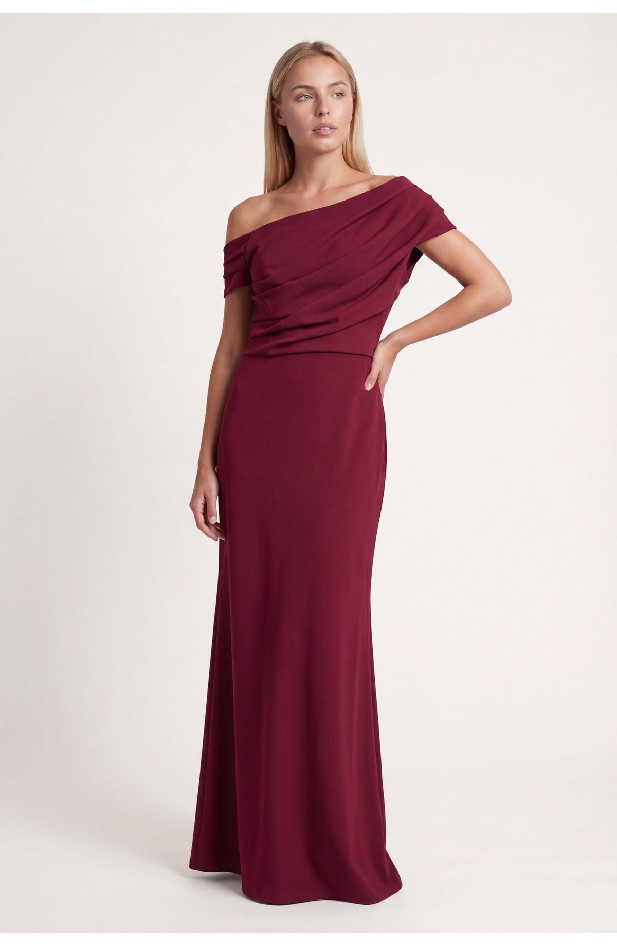 Wine Red Off-Shoulder Maxi Dress with Draped Waist for Women | Evening