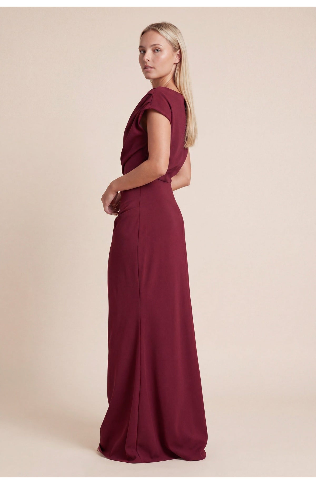 Wine Red Off-Shoulder Maxi Dress with Draped Waist for Women | Evening