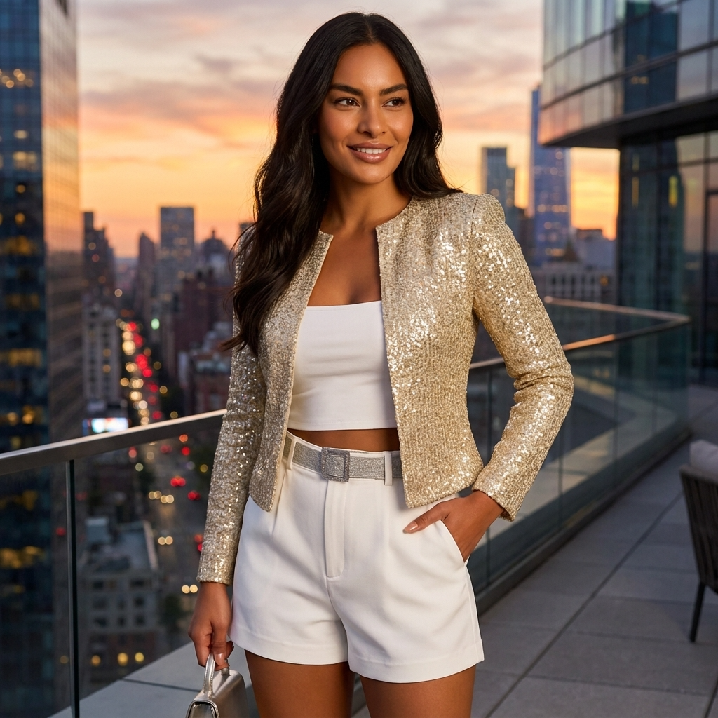 Gold Sequin Cropped Open Front Blazer for Women | Evening Occasion Jacket