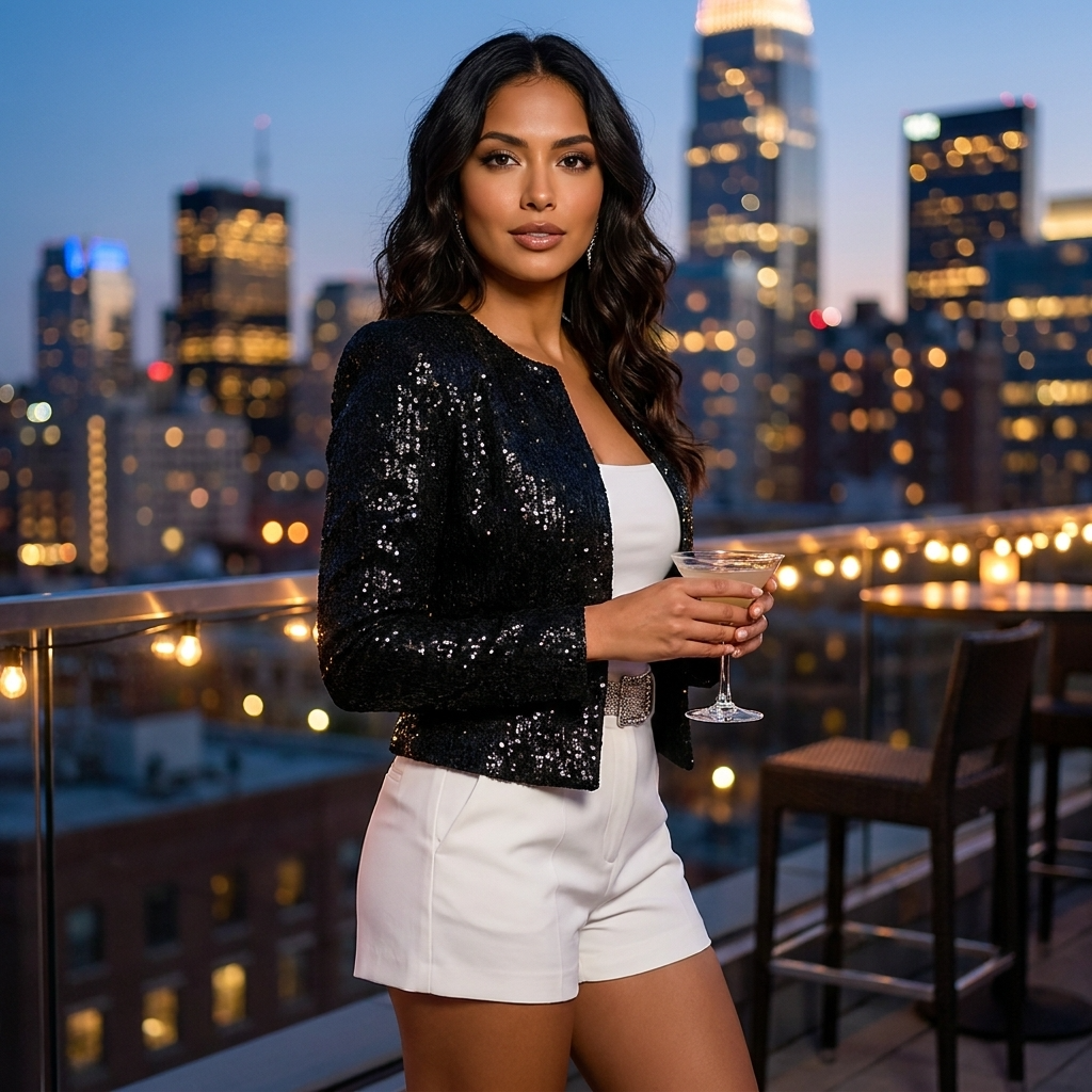 Gold Sequin Cropped Open Front Blazer for Women | Evening Occasion Jacket