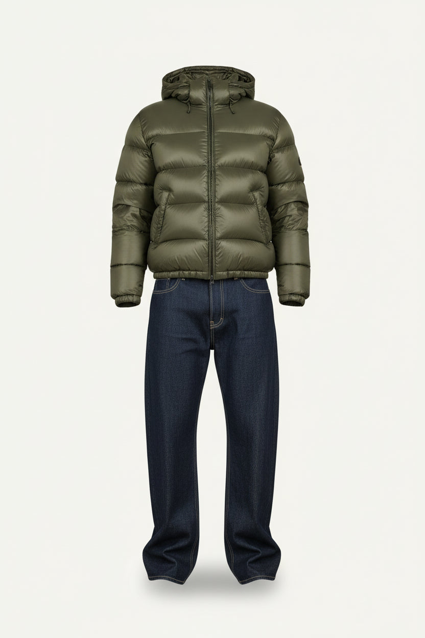 Glossy Sherpa Lined Quilted Hooded Puffer Jacket with Zip Pockets for Men