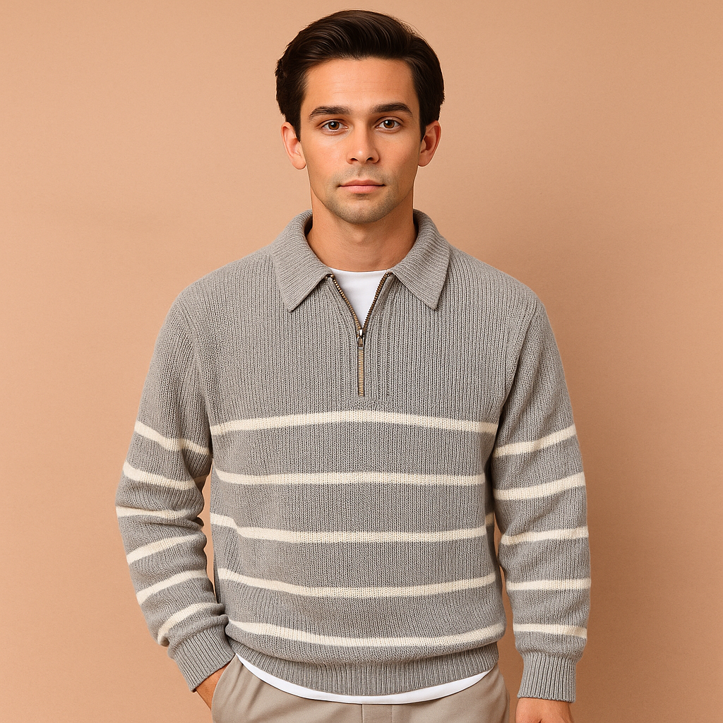 Men's Striped Sweater with Half-Zip | Casual Loose Fit