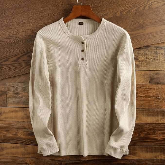 Waffle Knit Henley Relaxed Fit Long Sleeve Textured Casual Shirt for Men