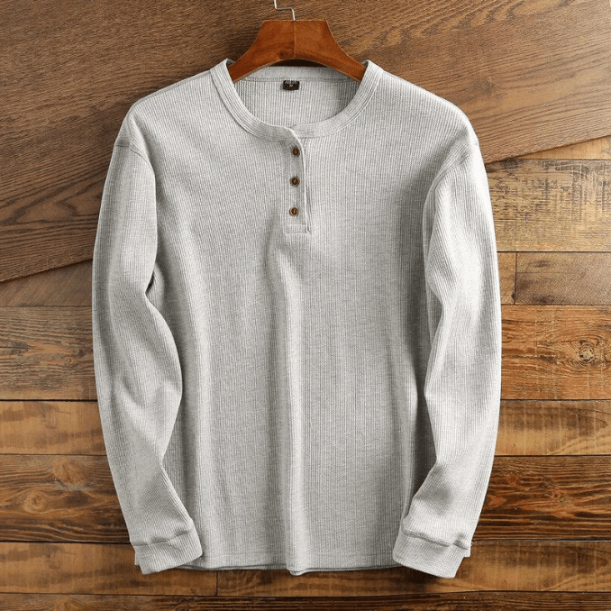 Waffle Knit Henley Relaxed Fit Long Sleeve Textured Casual Shirt for Men