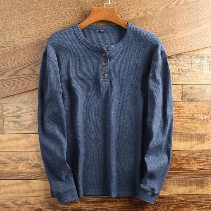 Waffle Knit Henley Relaxed Fit Long Sleeve Textured Casual Shirt for Men