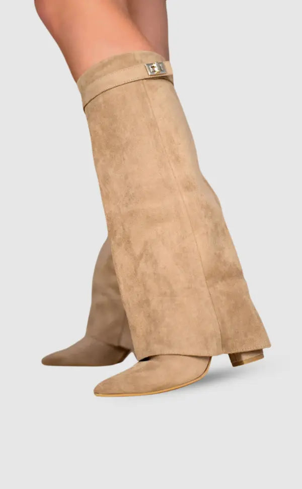 Black Taupe Leather Suede Tall Heeled Boots for Women | Slim Shaft Winter Wear