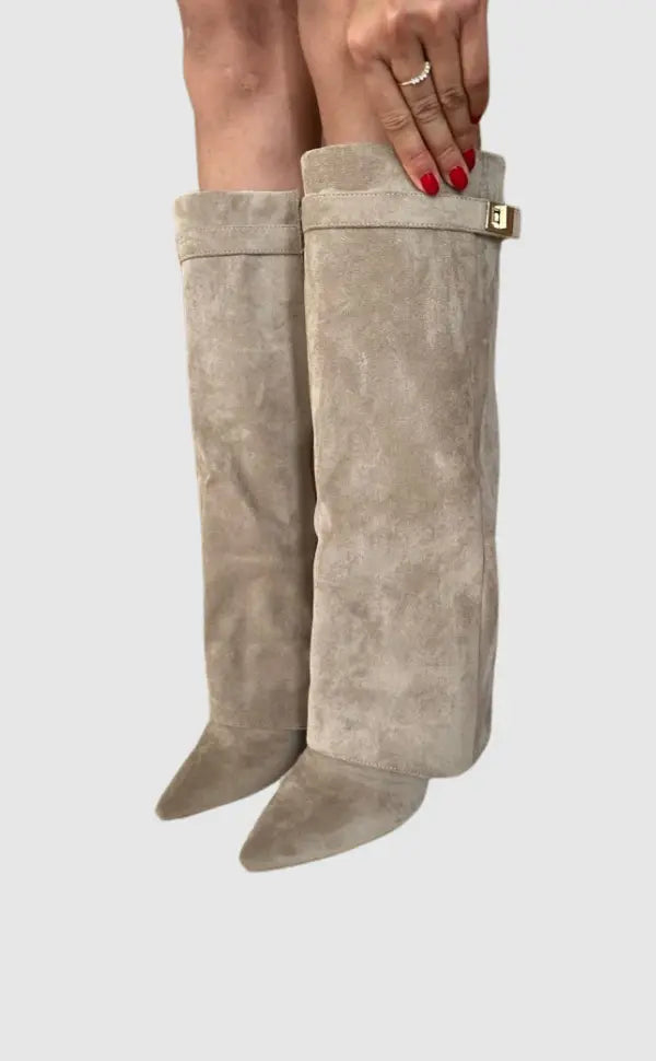 Black Taupe Leather Suede Tall Heeled Boots for Women | Slim Shaft Winter Wear