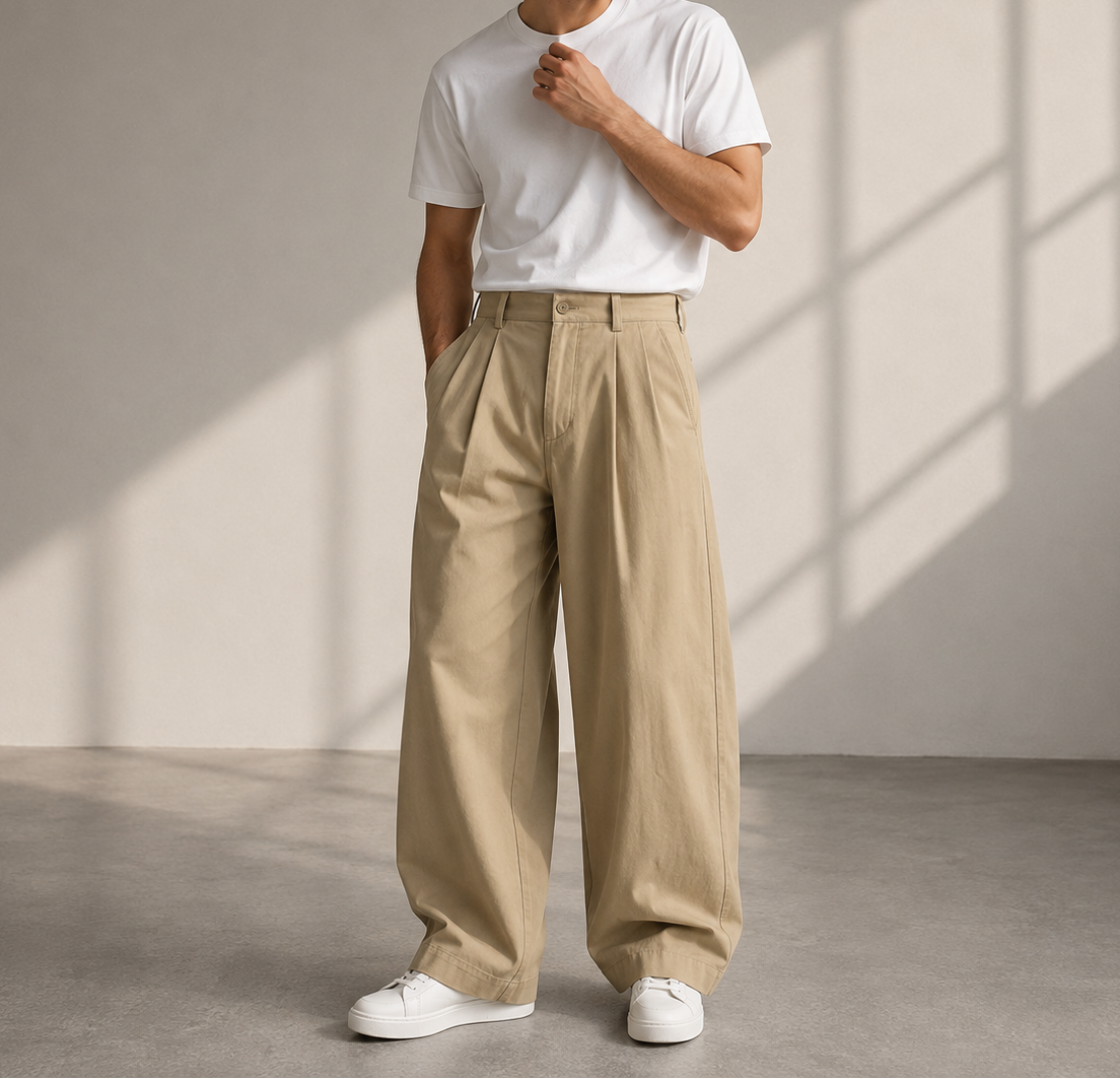 Pleated Wide Leg Full Length Relaxed Pants for Men | Everyday and Travel Wear