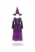 Purple Tulle Lace Witch Dress and Pointed Hat Halloween Costume for Girls