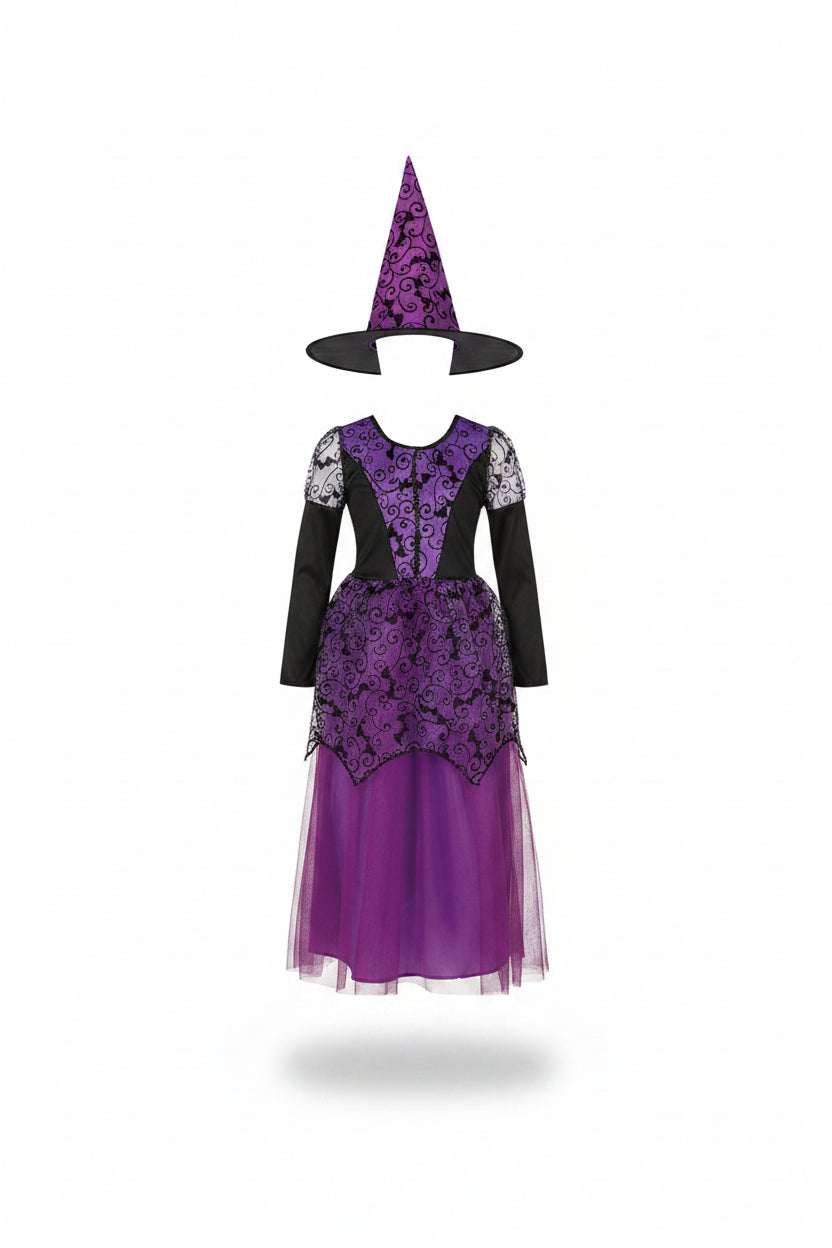 Purple Tulle Lace Witch Dress and Pointed Hat Halloween Costume for Girls