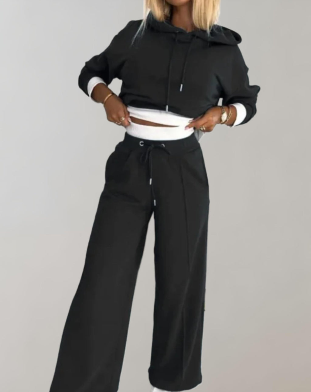 Cotton Blend Hoodie and Wide Leg Pants Set for Women | Loungewear