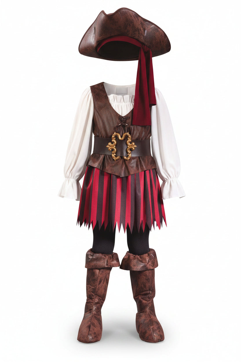 Brown Red Striped Pirate Costume Dress with Hat and Accessories for Girls