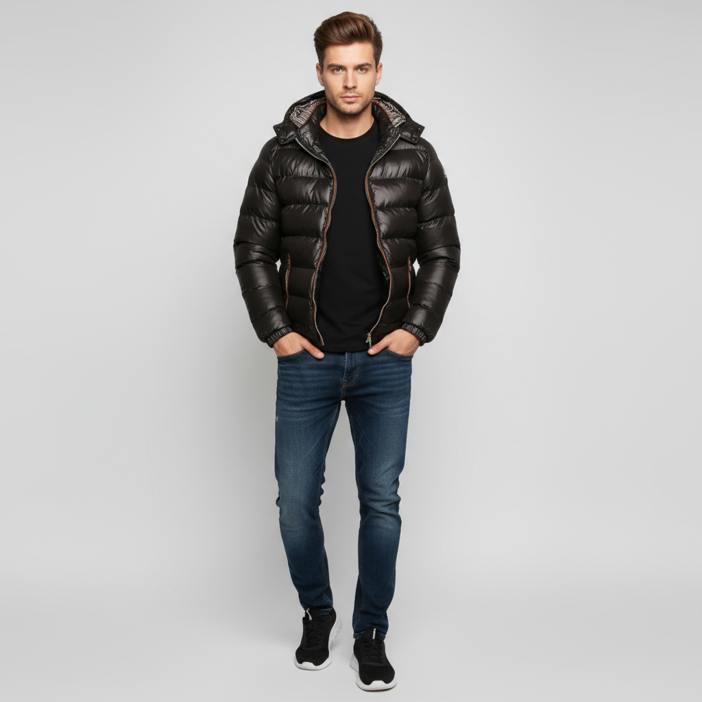 Men's Winter Jacket | Quilted Hood with Zipper and Snap Closure