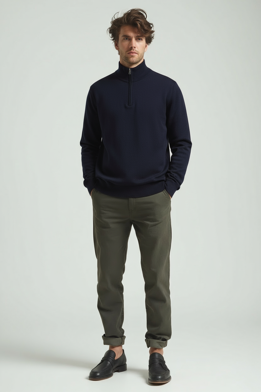 Men's Sweater | Short Zip Fitted Cut with Stand-Up Collar Long Sleeve