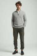 Gray Quarter Zip Stand-Up Collar Slim Fit Long Sleeve Sweater for Men