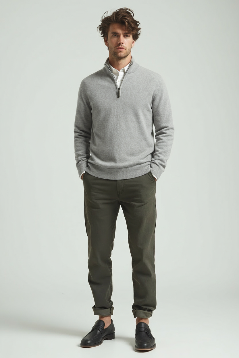 Men's Sweater | Short Zip Fitted Cut with Stand-Up Collar Long Sleeve
