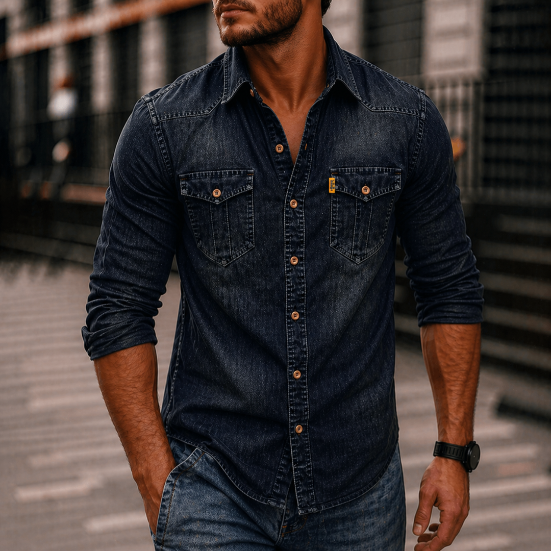 Denim Button Up Long Sleeve Shirt for Men | Flap Chest Pockets Casual Wear