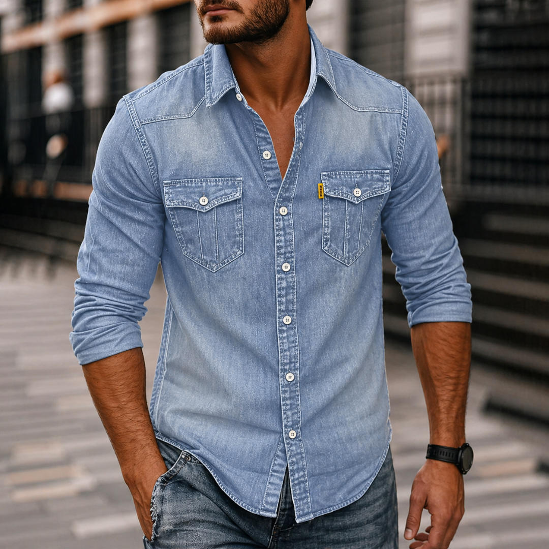 Denim Button Up Long Sleeve Shirt for Men | Flap Chest Pockets Casual Wear