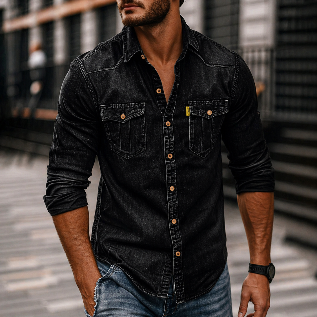 Denim Button Up Long Sleeve Shirt for Men | Flap Chest Pockets Casual Wear