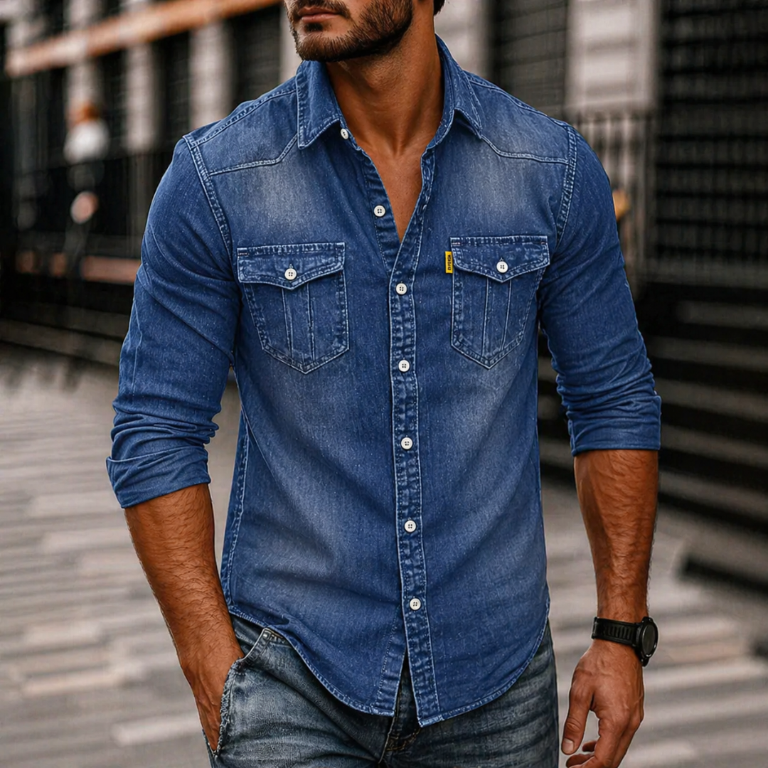Denim Button Up Long Sleeve Shirt for Men | Flap Chest Pockets Casual Wear