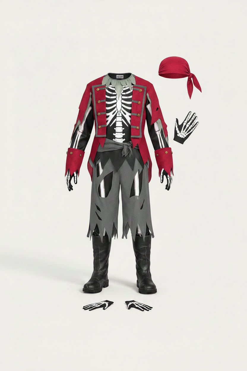 Black and Red Skeleton Pirate Costume for Kids | Halloween Fancy Dress