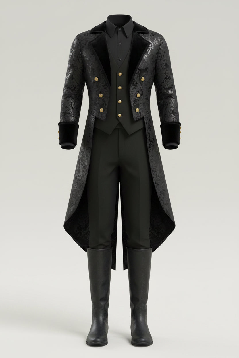 Black Gold Embossed Victorian Tailored Costume Coat for Men | Halloween Party