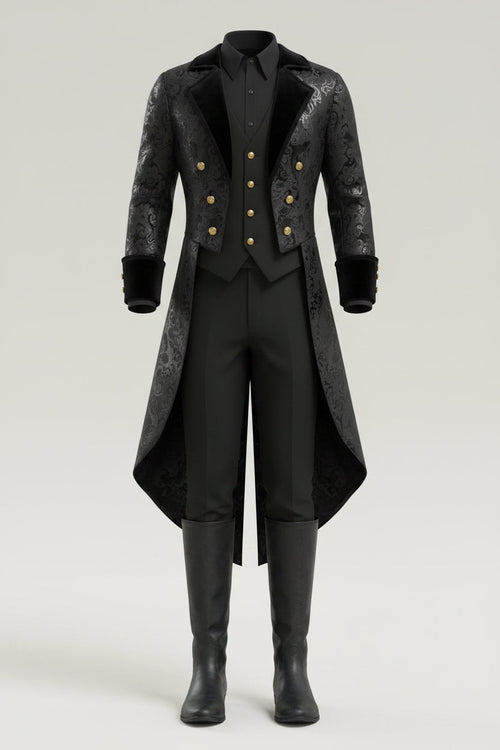 Black Gold Embossed Victorian Tailored Costume Coat for Men | Halloween Party