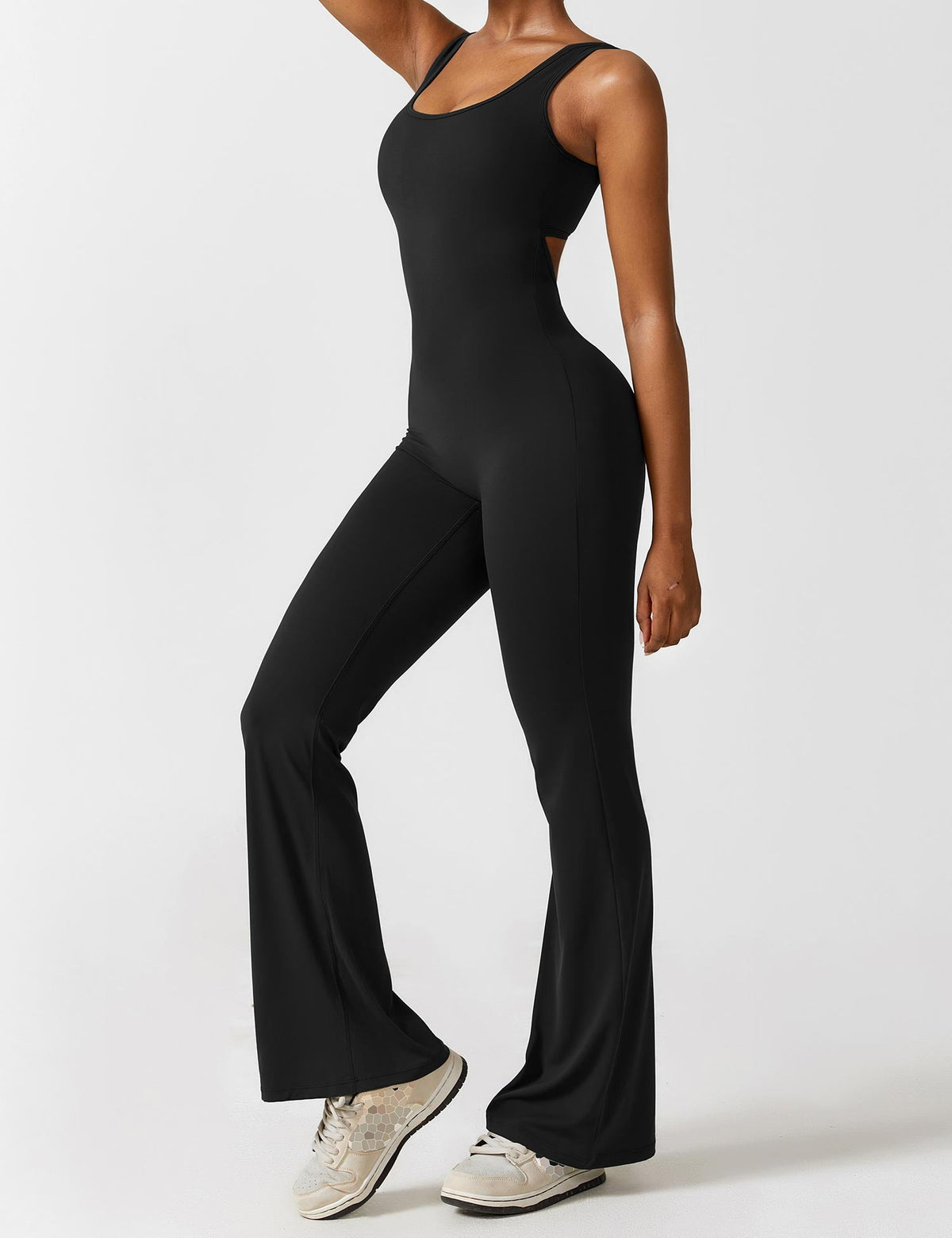 Stretch Open Back Flared Leg Athletic Jumpsuit for Women | Yoga Activewear