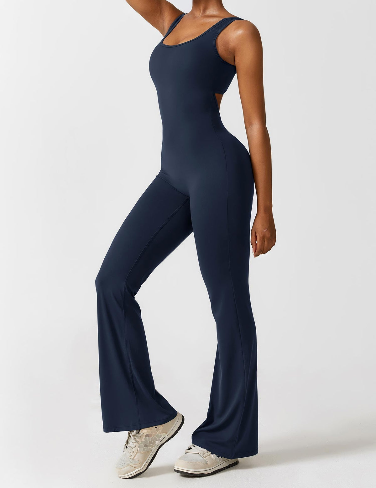 Stretch Open Back Flared Leg Athletic Jumpsuit for Women | Yoga Activewear