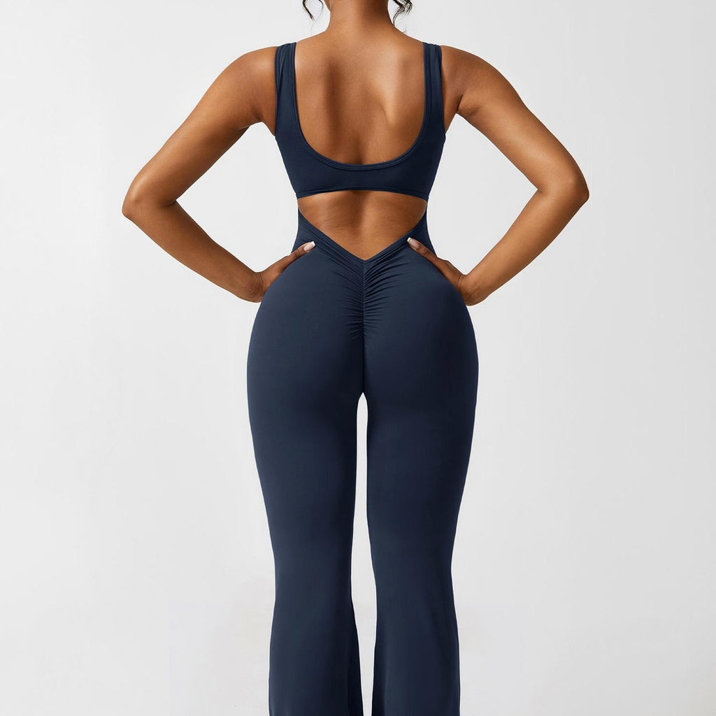 Stretch Open Back Flared Leg Athletic Jumpsuit for Women | Yoga Activewear