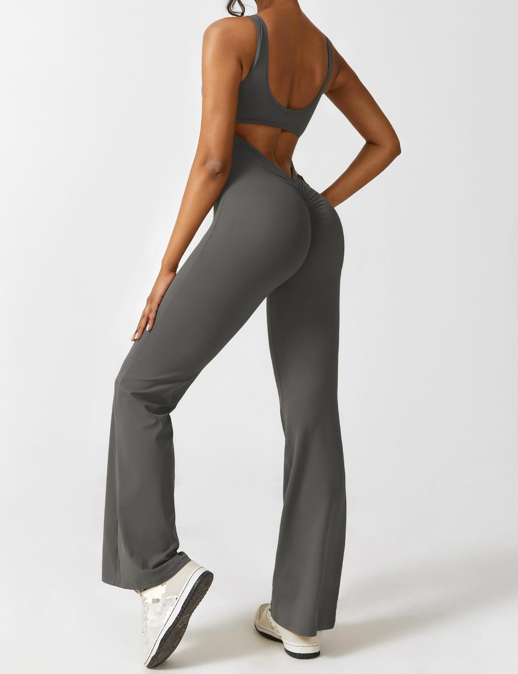 Stretch Open Back Flared Leg Athletic Jumpsuit for Women | Yoga Activewear