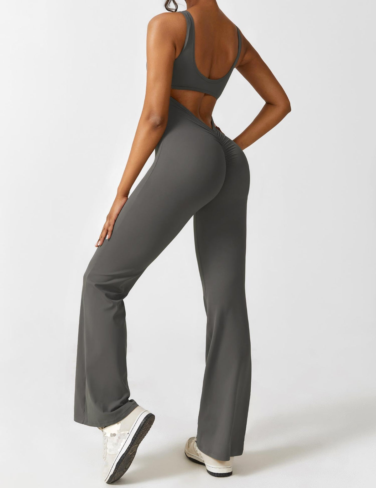Stretch Open Back Flared Leg Athletic Jumpsuit for Women | Yoga Activewear